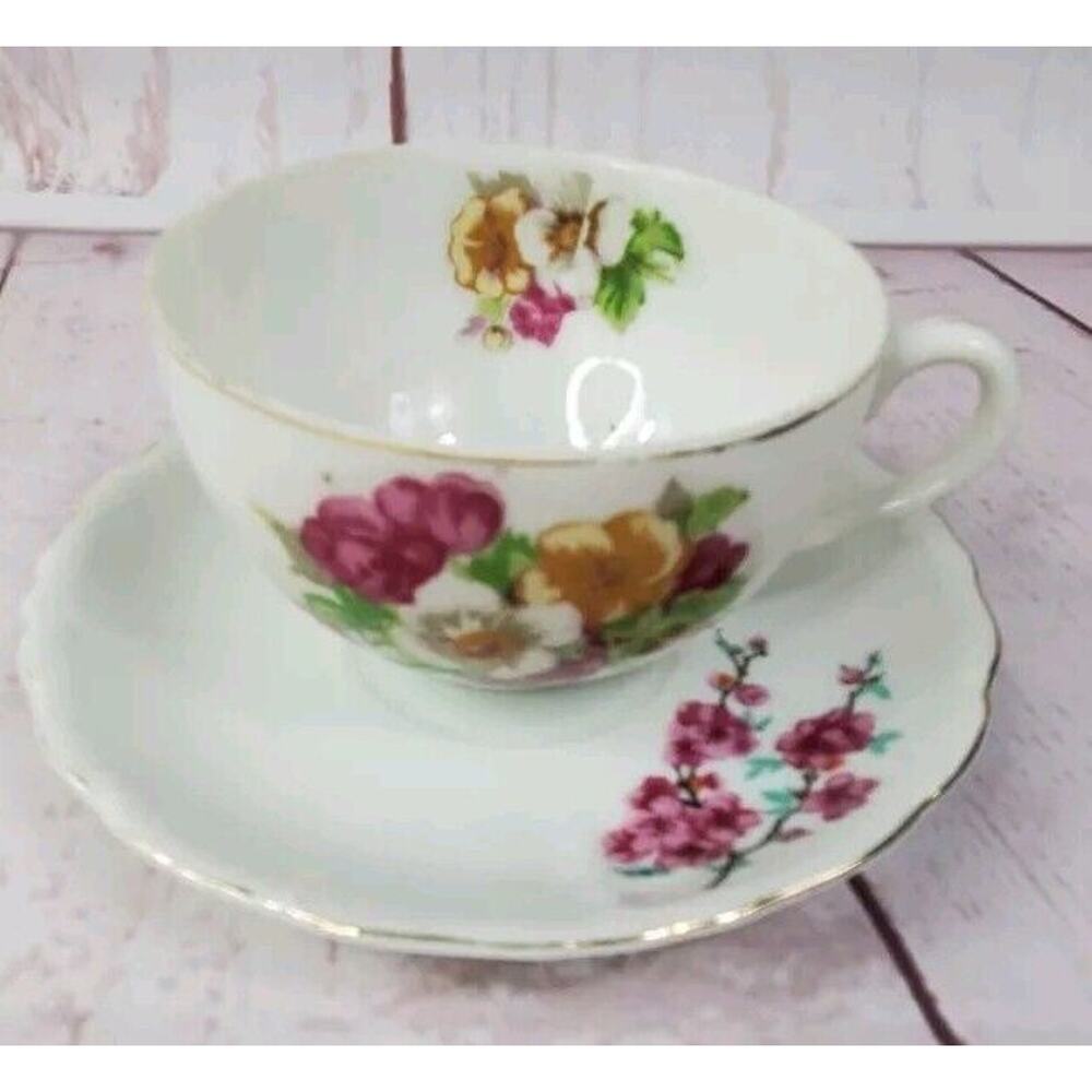 Vintage Ceramic Transferware Pansies Teacup and Saucer Japan